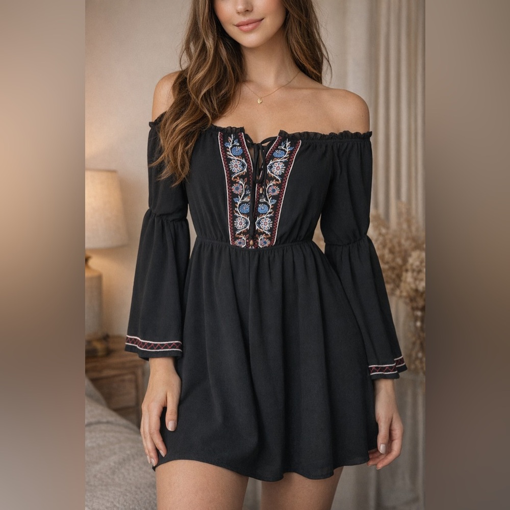 Lulus Black Embroidered Off-Shoulder Boho Dress – XS